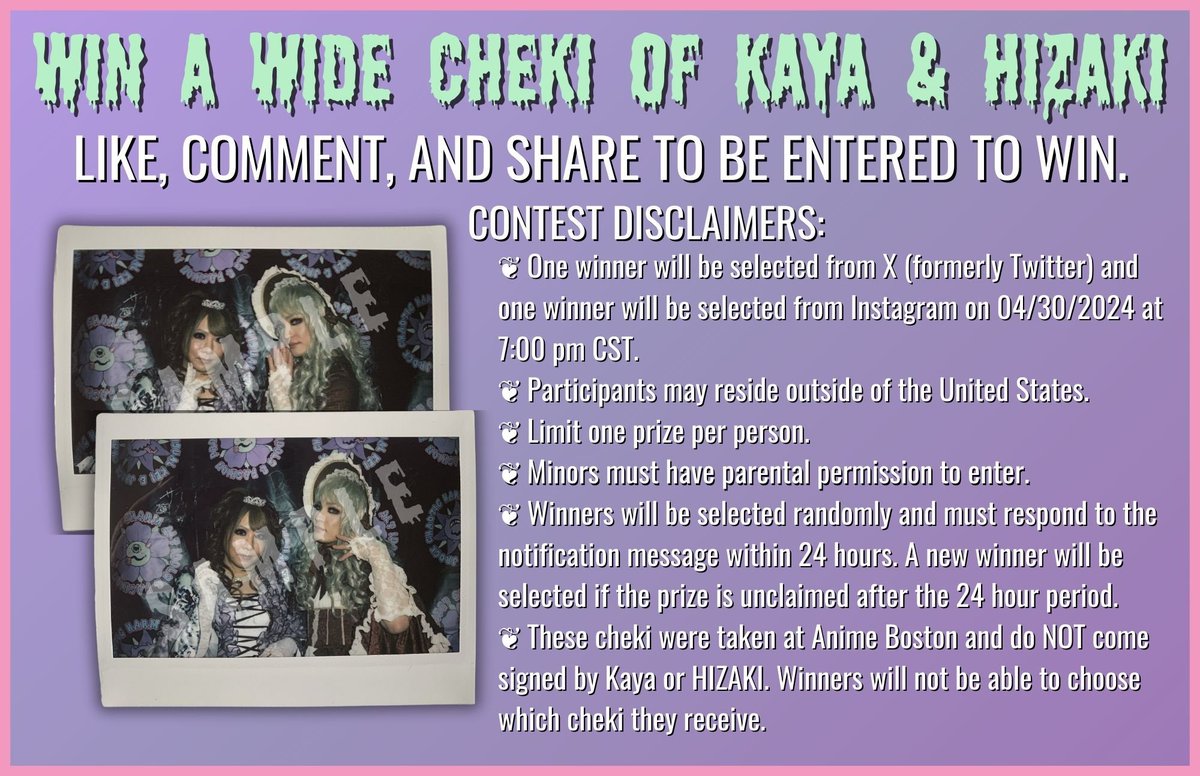 SURPRISE RAFFLE ALERT 🚨🚨 We have two HIZAKI x Kaya wide cheki to give away on X and Instagram. You must like, comment, and share this post on either platform to enter from now until 4/30 at 7pm CST!