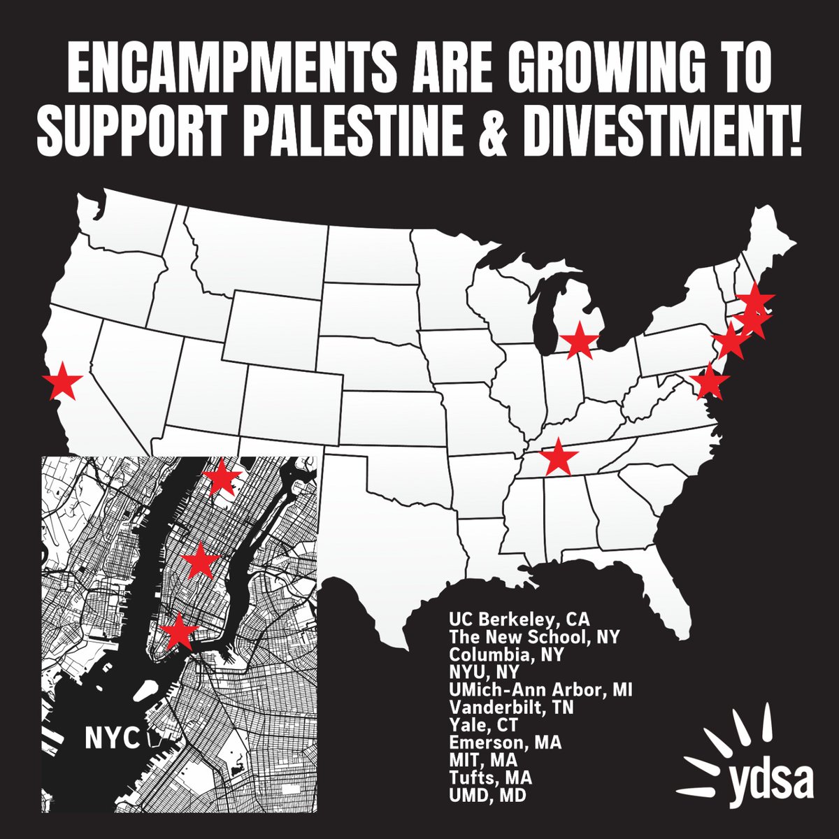 Encampments are growing across the country to call for Palestinian liberation and University Divestment in the Israeli military. The time to act is NOW. 🇵🇸 FREE PALESTINE! 🇵🇸