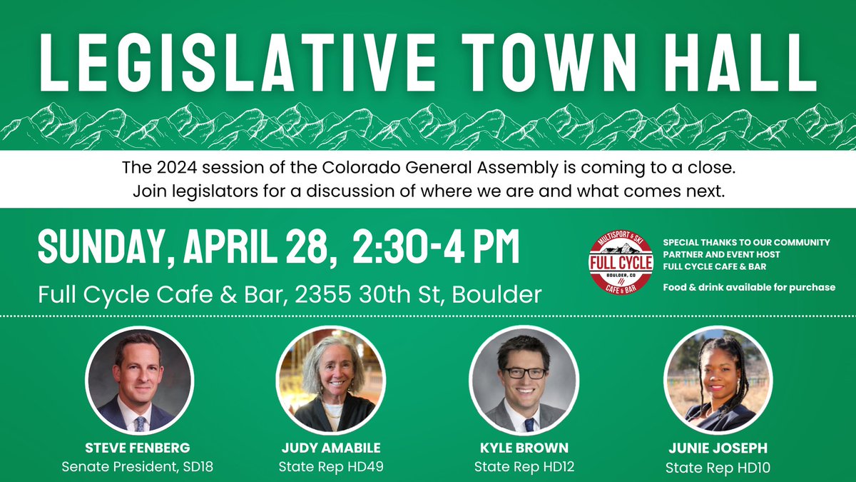 Join us on Sunday, April 28th from 2:30-4 PM at Full Cycle Cafe & Bar in Boulder for our final town hall of the 2024 legislative session! RSVP & Submit Questions here 👇 forms.gle/Xtg5fH85Em42uv… #coleg #copolitics