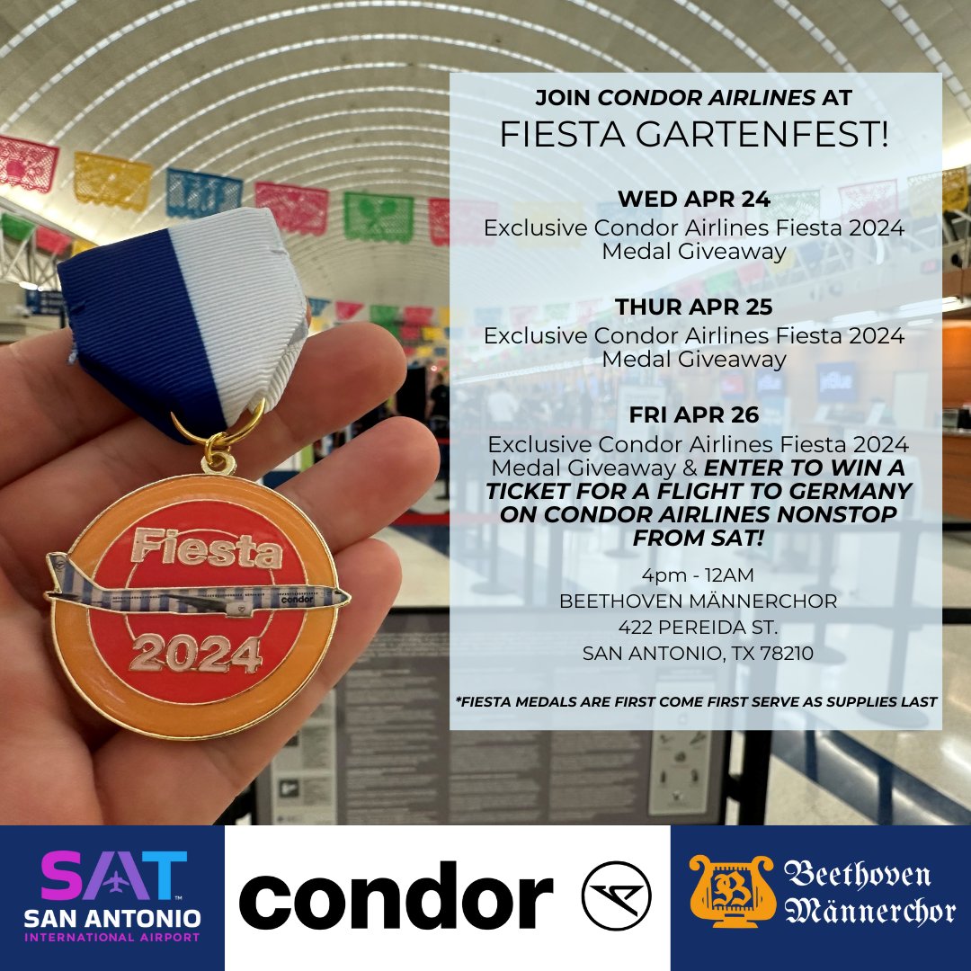 VIVA FIESTA San Antonio! 🎊 @Condor will be at @beethovensatx Gartenfest this year with exclusive 2024 Fiesta Medals. Attendees on Friday can also enter for a chance to win a ticket on Condor’s new nonstop service to Frankfurt from SAT! #flySAT