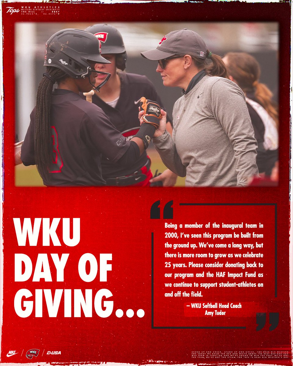 WKU Softball: building student-athletes on and off the field since 2000. 

Consider supporting our program today as we head into the next 25 years!

🔗: wkusports.com/DayOfGiving2024

#GoTops | #WKUDayofGiving