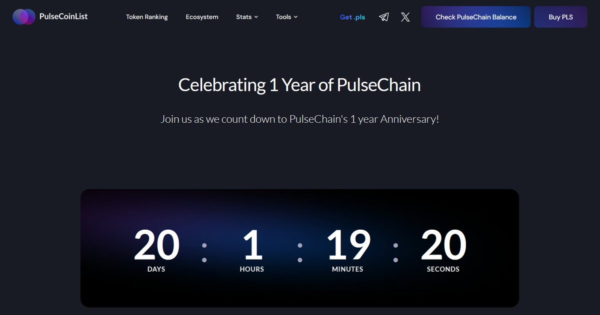 20 days till 1st birthday timers on Pulsecoinlist & Gopulse: apps.pulsecoinlist.com/countdown gopulse.com Time flies.