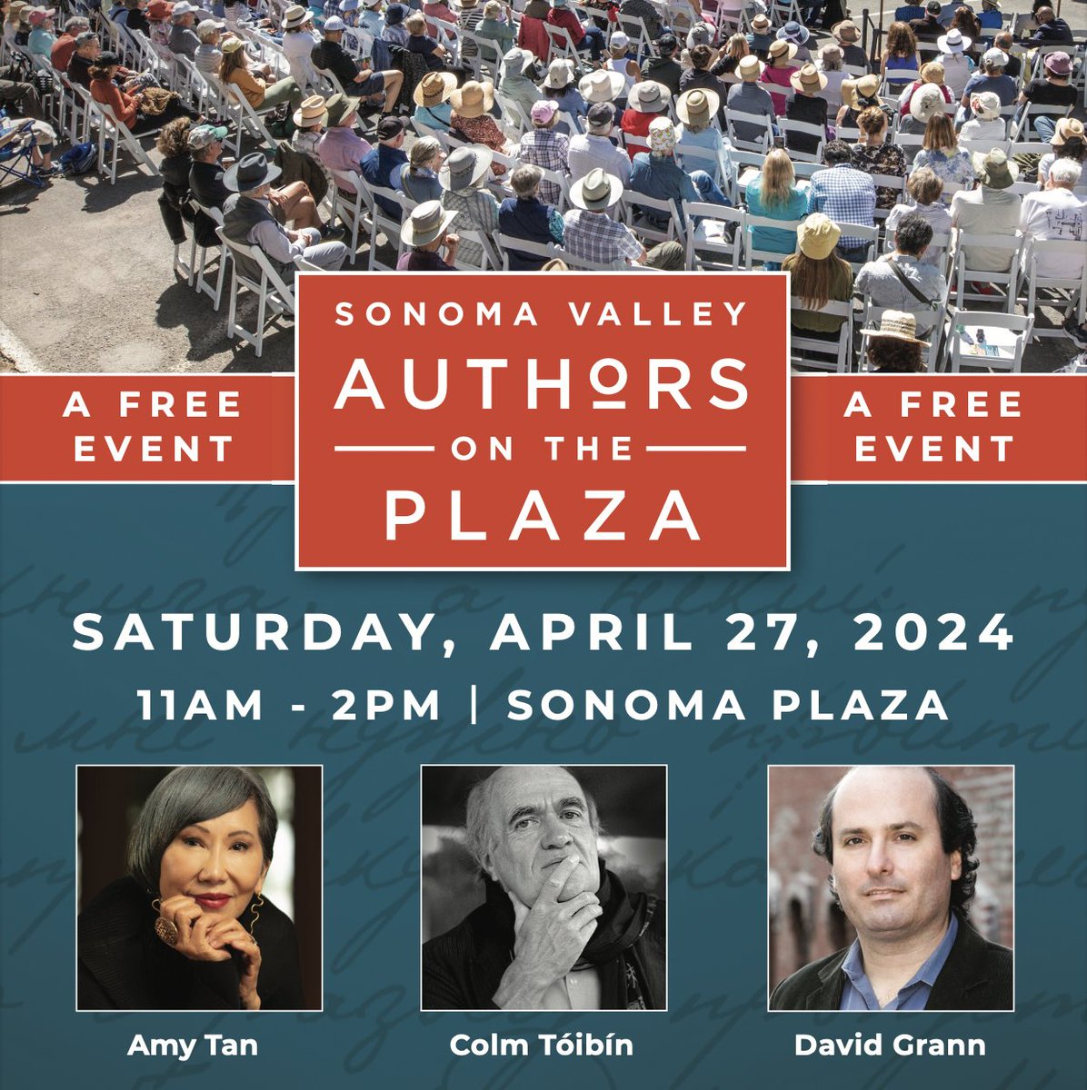 Sonoma Valley Authors Festival (@svauthorsfest) on Twitter photo We can’t wait for Authors on the Plaza the FREE, community event this Sat., April 27 from 11 a.m. – 2 p.m. Set on the historic Sonoma Plaza, the event features: <a href="/AmyTan/">Amy Tan</a> <a href="/colmtoibin/">Colm Tóibín</a> <a href="/DavidGrann/">David Grann</a>
Be sure to register at svauthorsfest.org/authors-on-the… We can’t wait for Authors on the Plaza the FREE, community event this Sat., April 27 from 11 a.m. – 2 p.m. Set on the historic Sonoma Plaza, the event features: <a href="/AmyTan/">Amy Tan</a> <a href="/colmtoibin/">Colm Tóibín</a> <a href="/DavidGrann/">David Grann</a>
Be sure to register at svauthorsfest.org/authors-on-the…