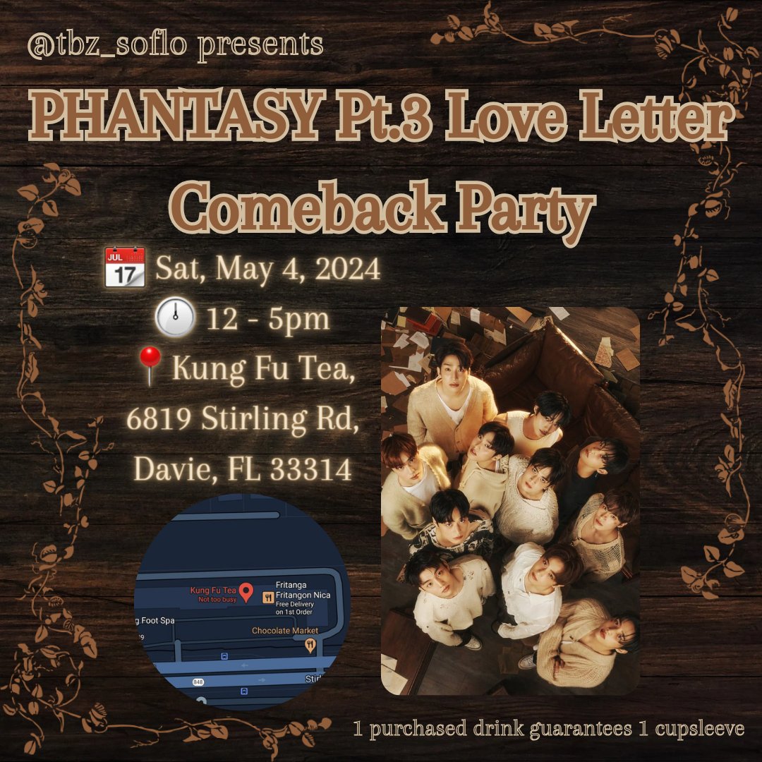 kpoppin_soflo's tweet image. 💌PLZ SHARE💌

#THEBOYZ #Cupsleeve

📆 Sat, 5/4/24, 12-5pm

📍Kung Fu Tea, 6819 Stirling Rd, Davie, FL 33314

#더보이즈 #PHANTASY #Love_Letter #Nectar #kpopmiami #kpop #kpopflorida #theboyzcupsleeve #kpopcupsleeve #cupsleeveevent #theboyzinmiami