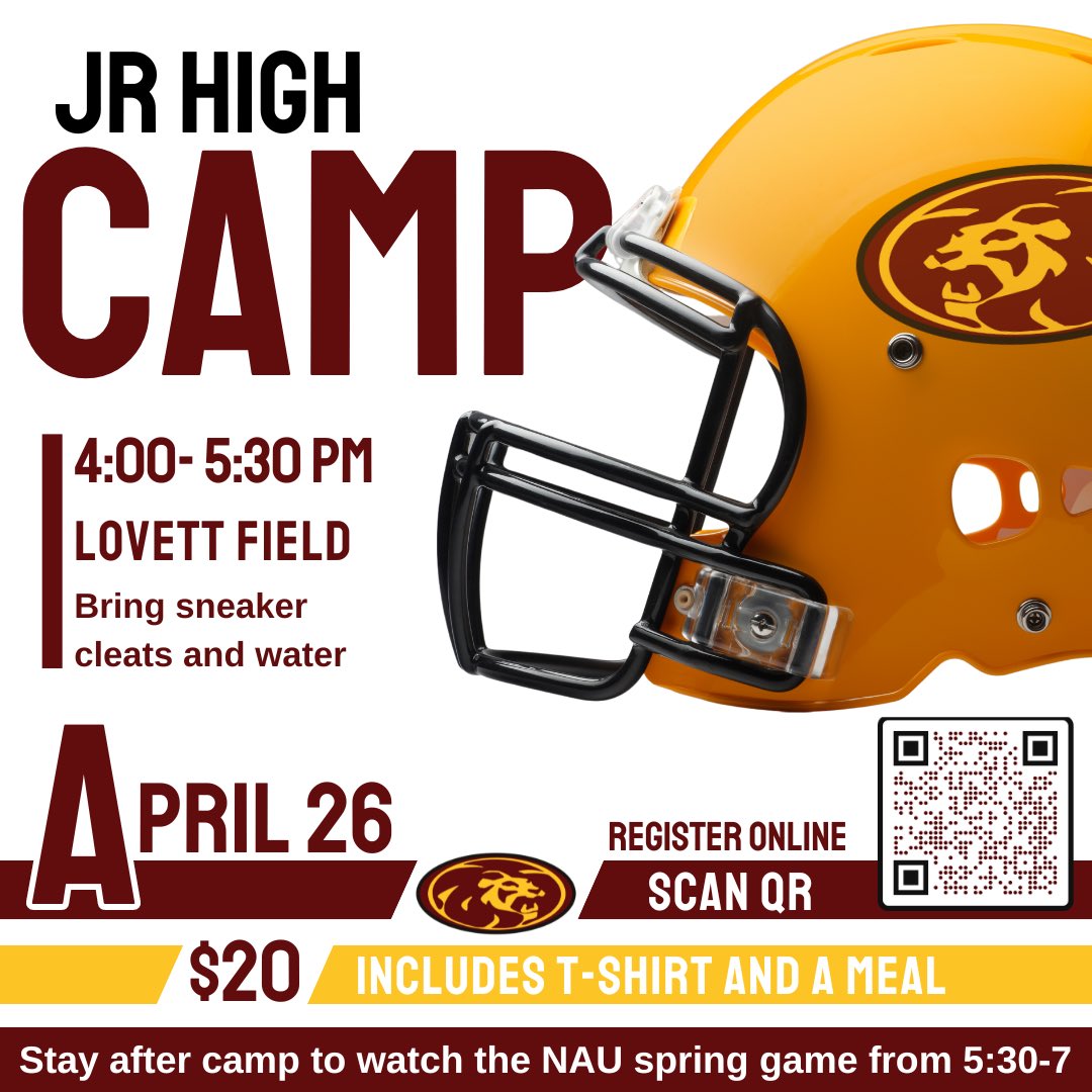 Camp for 6th-8th graders(including incoming freshman). This Friday at MP followed by the NAU spring game. Use the link or QR code to register. az-tempeunion.intouchreceipting.com/?fbclid=PAZXh0…