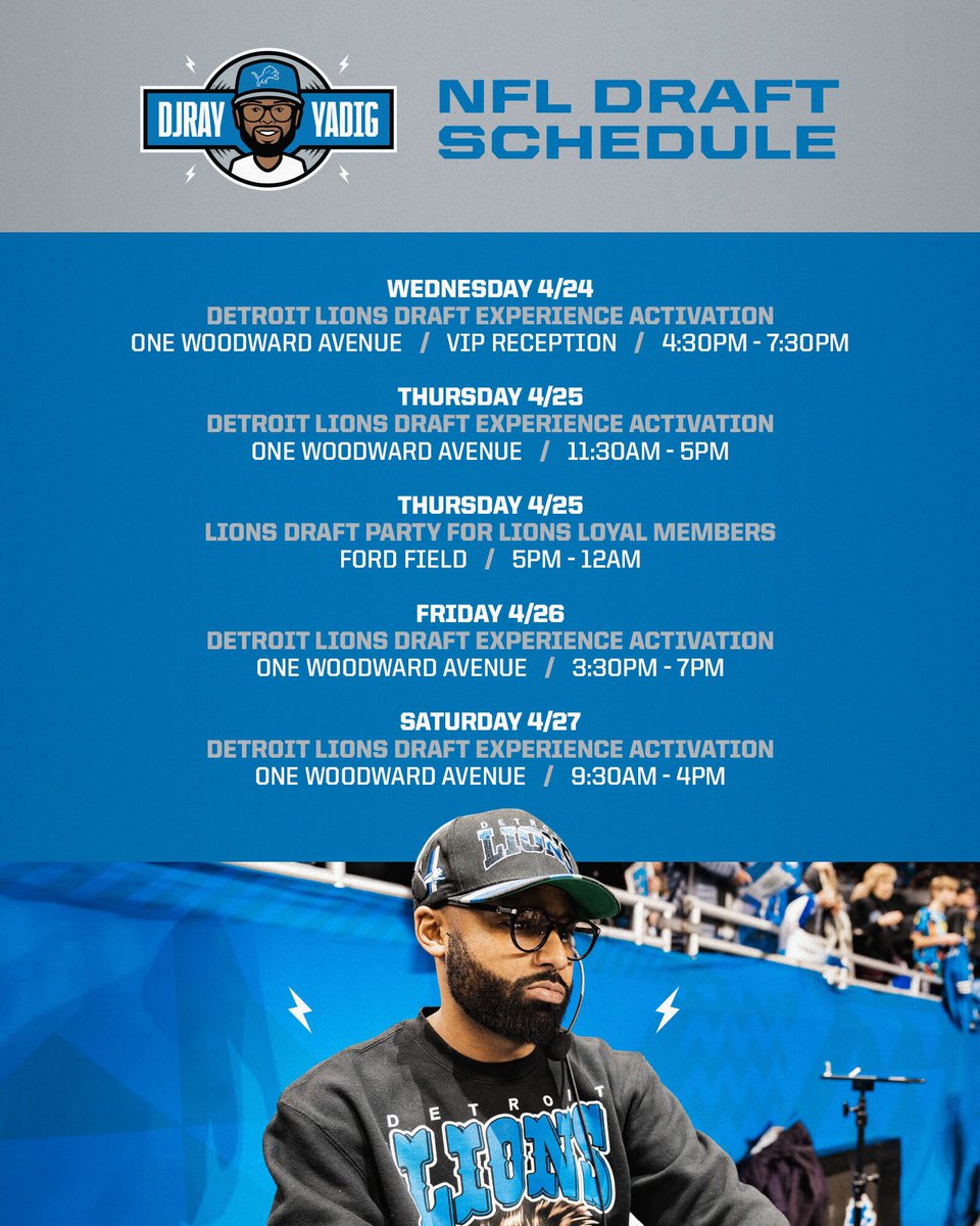 Here is my official Draft Week Schedule of events that you can catch me at this week! Looking forward to seeing some new and familiar faces! #OnePride #AllGrit @Lions