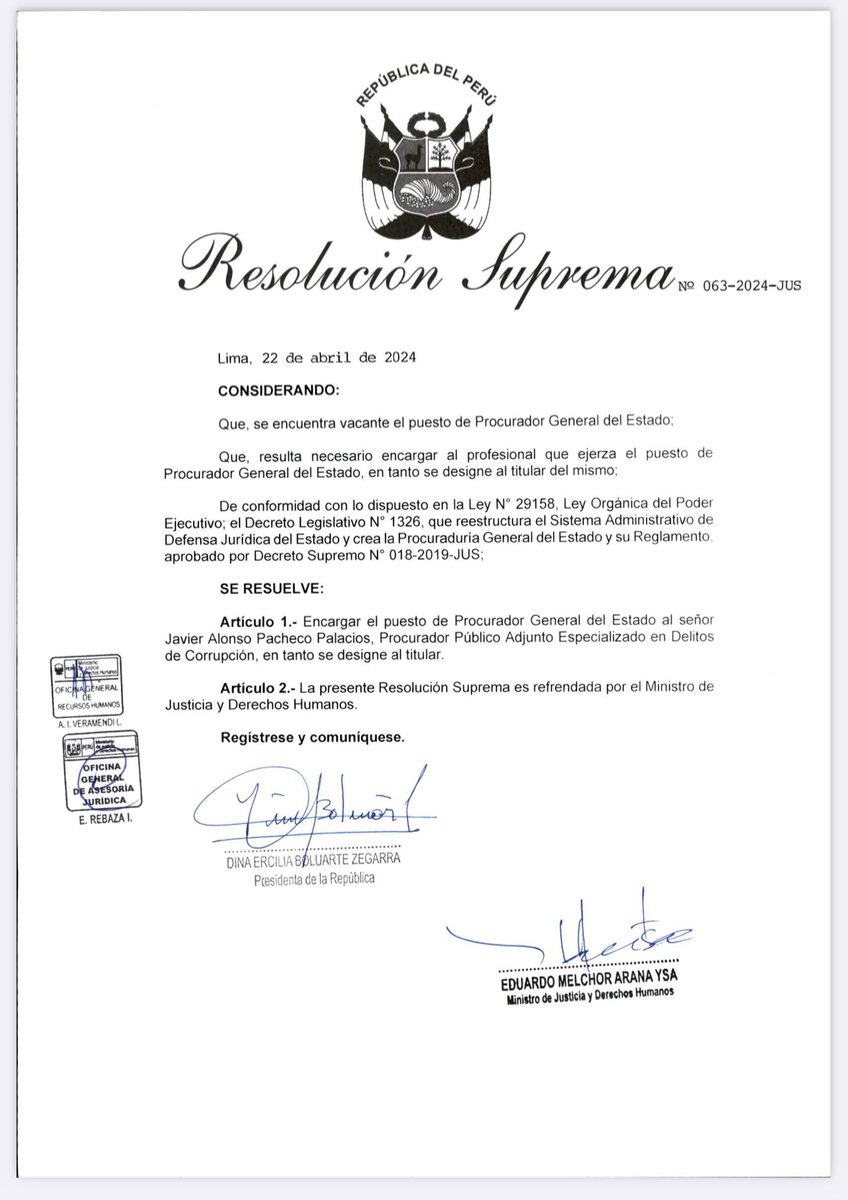 🚨 Ha sido destituido el procurador general del Estado Daniel Soria. La resolución tiene fecha del viernes 19 de abril. Hoy lunes 22, la presidenta Dina Boluarte emitió dos resoluciones supremas: en la primera termina el encargo de Javier Pacheco que había hecho mientras…