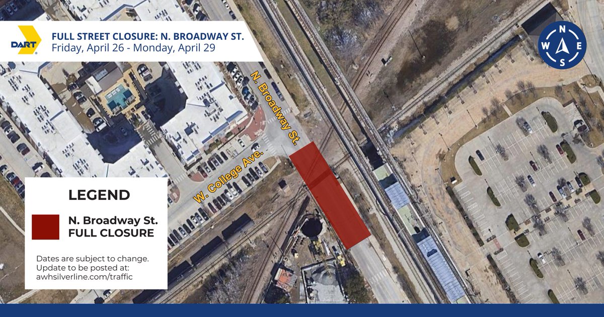 TRAFFIC ADVISORY: @DARTAlerts will be conducting a full lane closure of N. Broadway St. on Fri., April 26 from 6am until 3pm and last until 3:30pm on Mon., April 29 (weather permitting) as part of the DART Silver Line construction project. Details: cityofcarrollton.com/Home/Component…