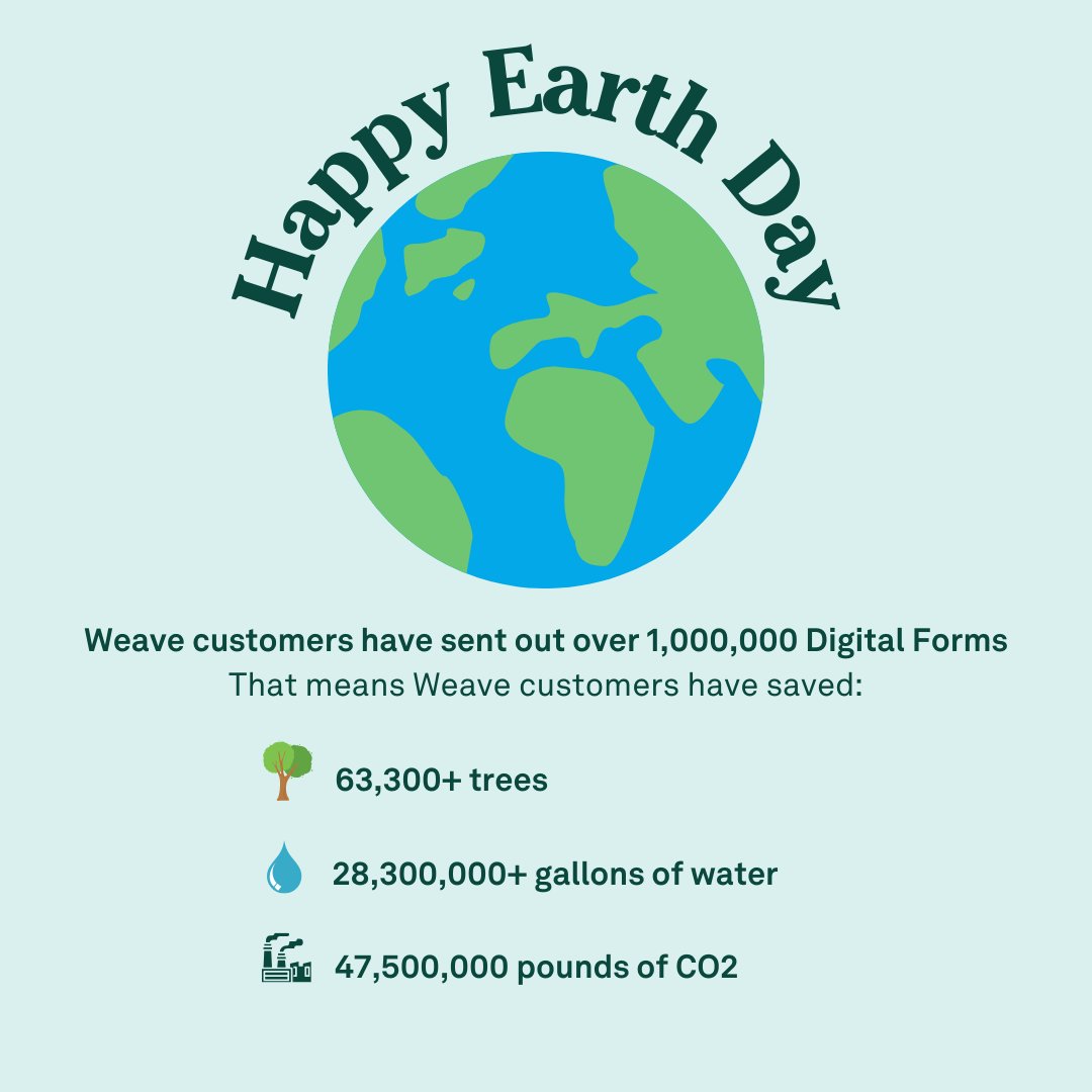 🌍✨ This Earth Day, let's celebrate a greener future together! Thanks to your choice of Digital Forms, we've saved over 63,300 trees 🌳, 28.3 million gallons of water 💧, and 47.5 million pounds of CO2 🌬️! 

#GetWeave #HappyPractice #EarthDay