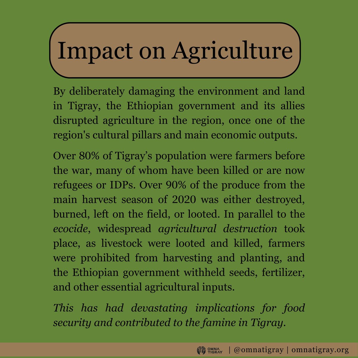 By deliberately damaging the environment & land in #Tigray, the Ethiopian govt. & its allies disrupted agriculture, once one of the region's cultural pillars & main economic outputs. The concurrent agricultural destruction & siege have greatly contributed to #TigrayFamine. @FAO