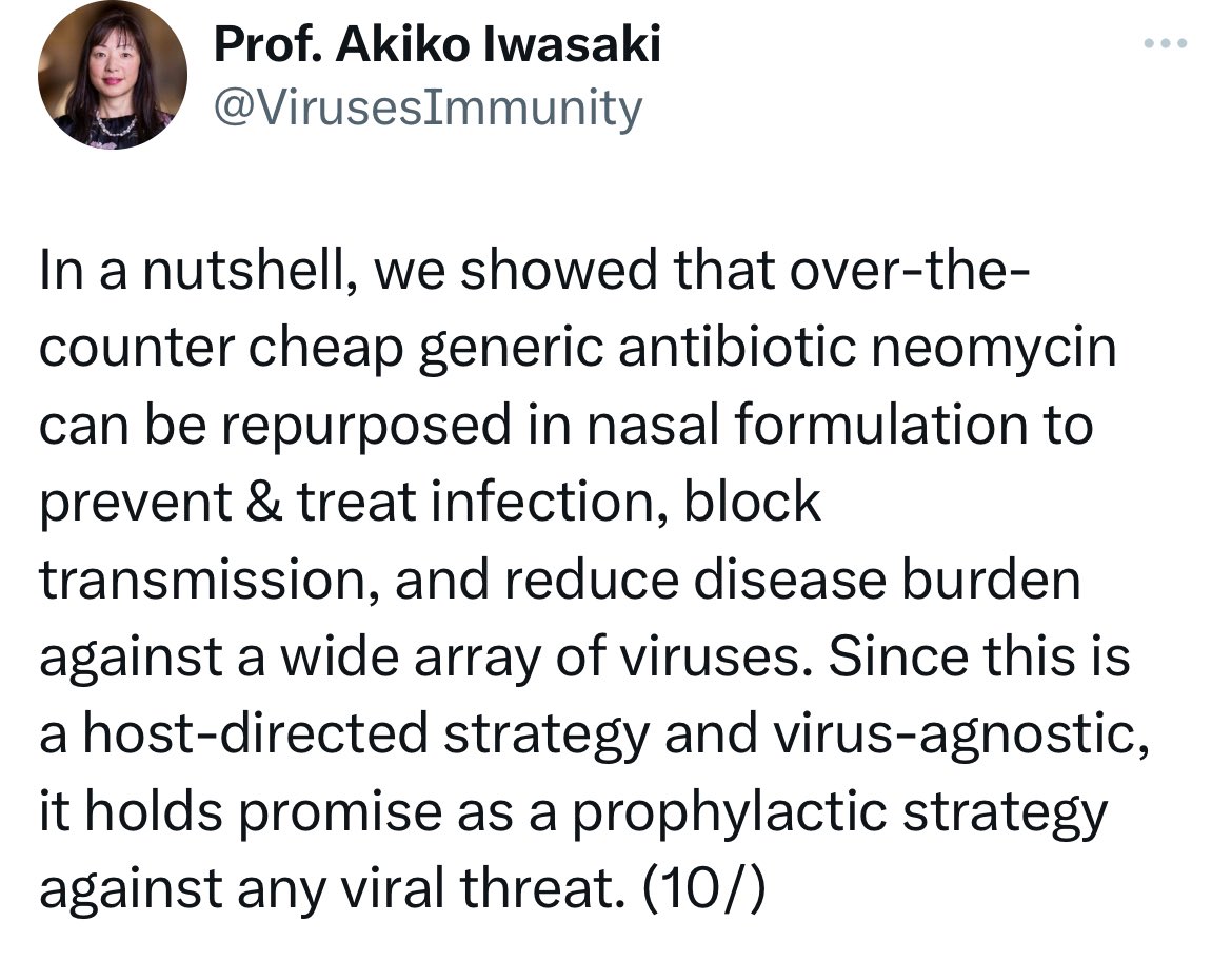 Very interesting study 👇by @VirusesImmunity team Generic neomycin nasal application may prevent transmission and burden of some viruses. Huge implications for #immunecompromised host during viral season. Hope to follow more human studies. @esenol @GulsanSucak @InfectiousDz