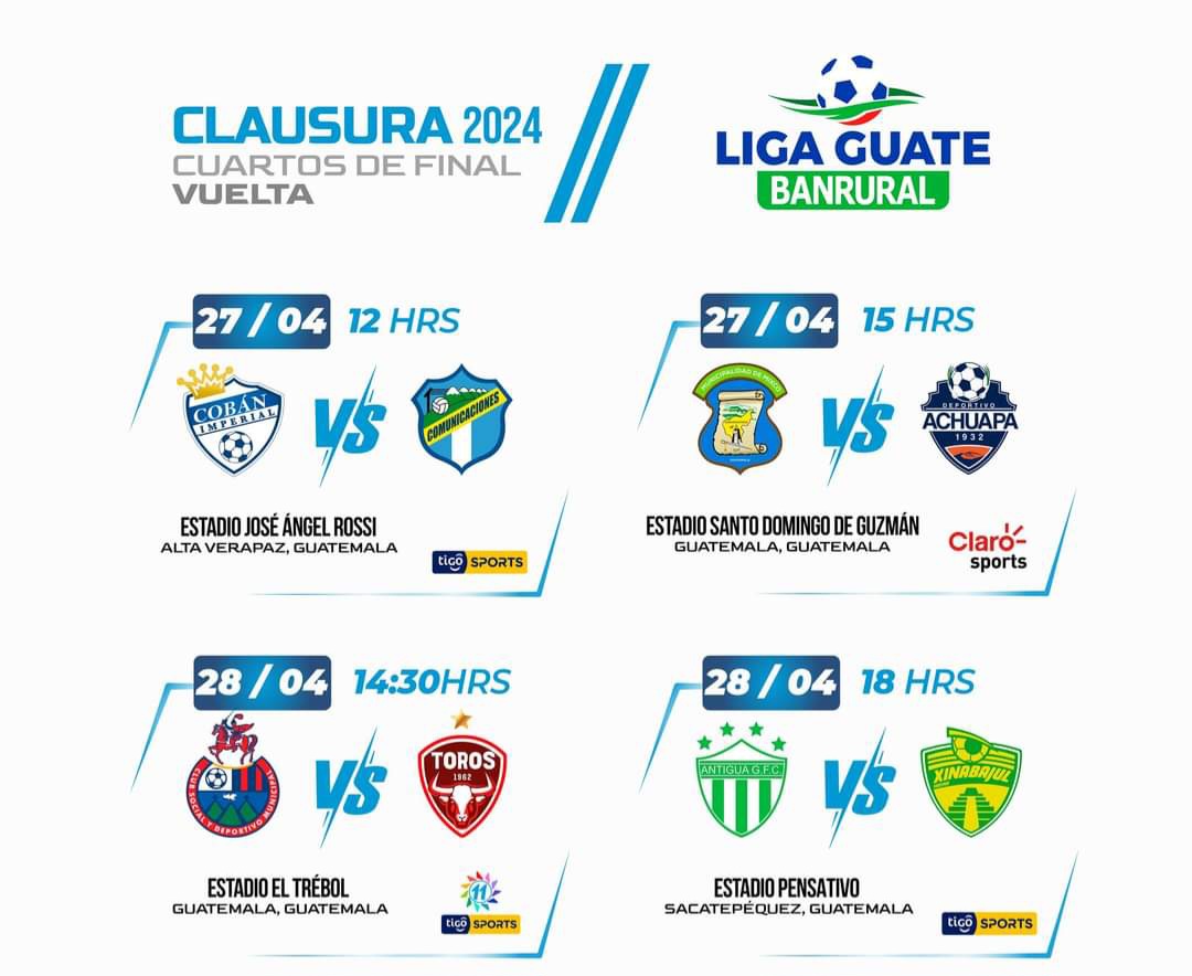 #Deportes Se viene lo bueno 😎🏆⚽️💥

Esta es la programación de los cuartos de final del Clausura 2024 de la Liga Nacional.

👉🏻 El mejor posicionado en la tabla cerrará la llave en condición de local.

📰 Entérate en #NuestroDiario
📸 Liga GT