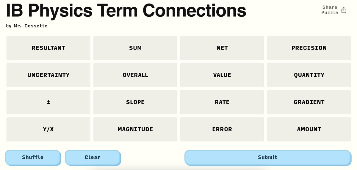 cossettej's tweet image. I made a custom &quot;Connections&quot; game to help students familiarize themselves with common synonyms like slope and gradient ahead of this week&apos;s IB Physics exam. I figured since they are playing this game during my class anyway... 😎

Try it out here!!
connections.swellgarfo.com/game/-Nw4x2Njx…