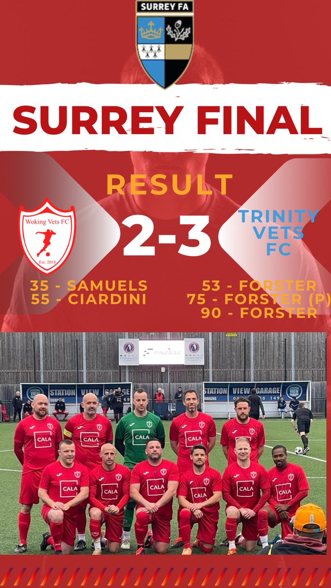 Tonight’s result in the @surreyfa vets cup final. 

Congrats to Trinity but a tough one to take so late on, following a mistake but we move on. 

Lads did themselves proud tonight and worked their socks off. 

No time to dwell as we have our next final on Sunday. ⚽️👍