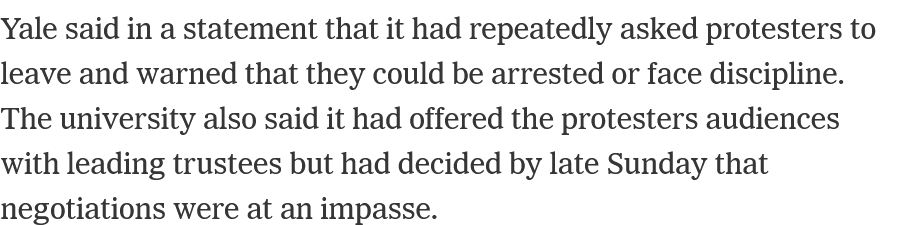 THREAD. This is a really funny paragraph about Yale's explanation for having armed government agents put metal chains on students who were singing and reading poetry and doing sit ins, and then taking them to cages.