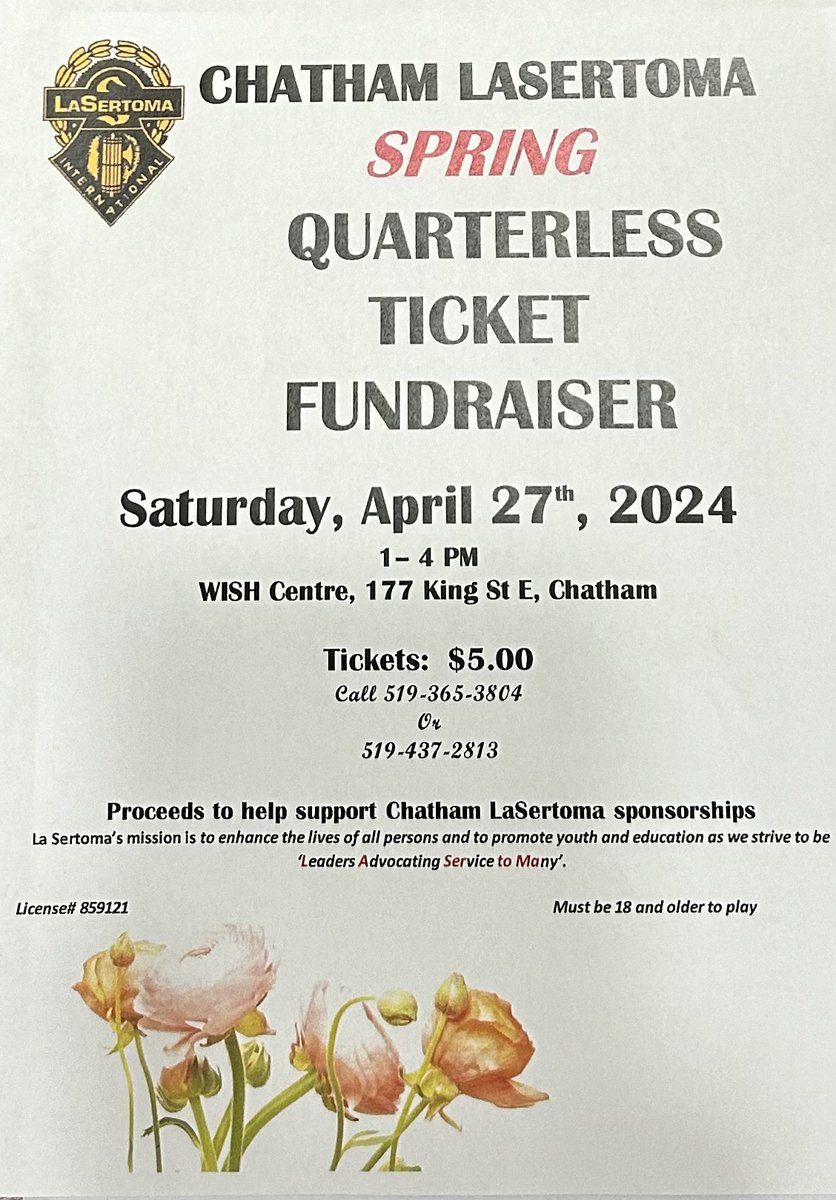 Join Chatham LaSertoma for an unforgettable afternoon at their Quarterless Auction Fundraiser! Admission is $5 and includes access to auction items, door prizes, and a 50/50 raffle. April 27th, 1-4pm at the WISH Centre. #YourTVCK #TrulyLocal #CKont #Fundraiser