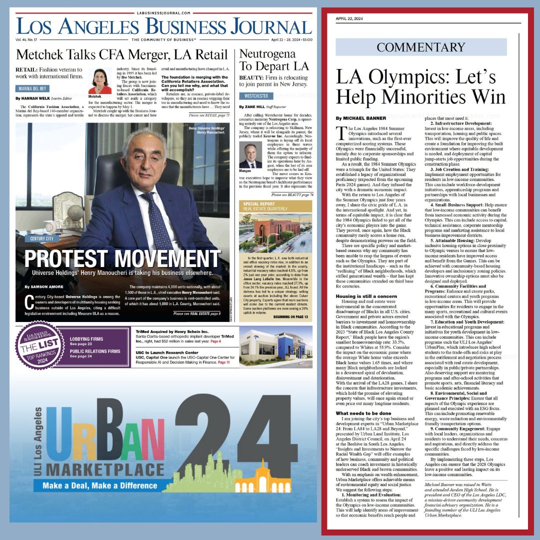 Look what was in the #LosAngelesBusinessJournal! 👏👏👏 Don't be left without a ticket to #UM24! Our signature half-day conference will cover crucial #LA28 topics such as #development without #displacement, the #AHTD Project, #sustainability and more: on.uli.org/lN2Q50RlIjq