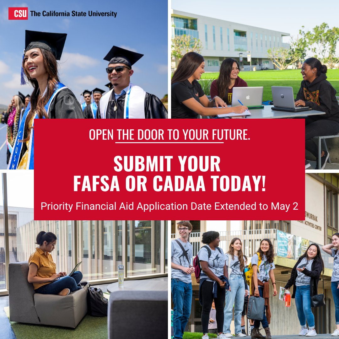 calstate's tweet photo. The priority deadline for California #FinancialAid is next week! 

Be sure to submit your Free Application for Federal Aid (#FAFSA) or California Dream Act Application (#CADAA) by May 2: https://t.co/NUFCfcBeAp #HowToPayForCollege https://t.co/tCKoiYQpWR