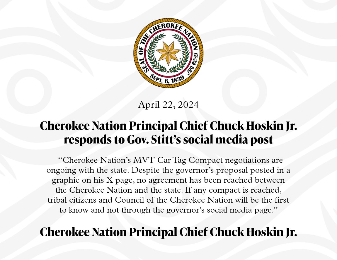 Cherokee Nation Principal Chief @ChuckHoskin_Jr responds to @GovStitt's social media post