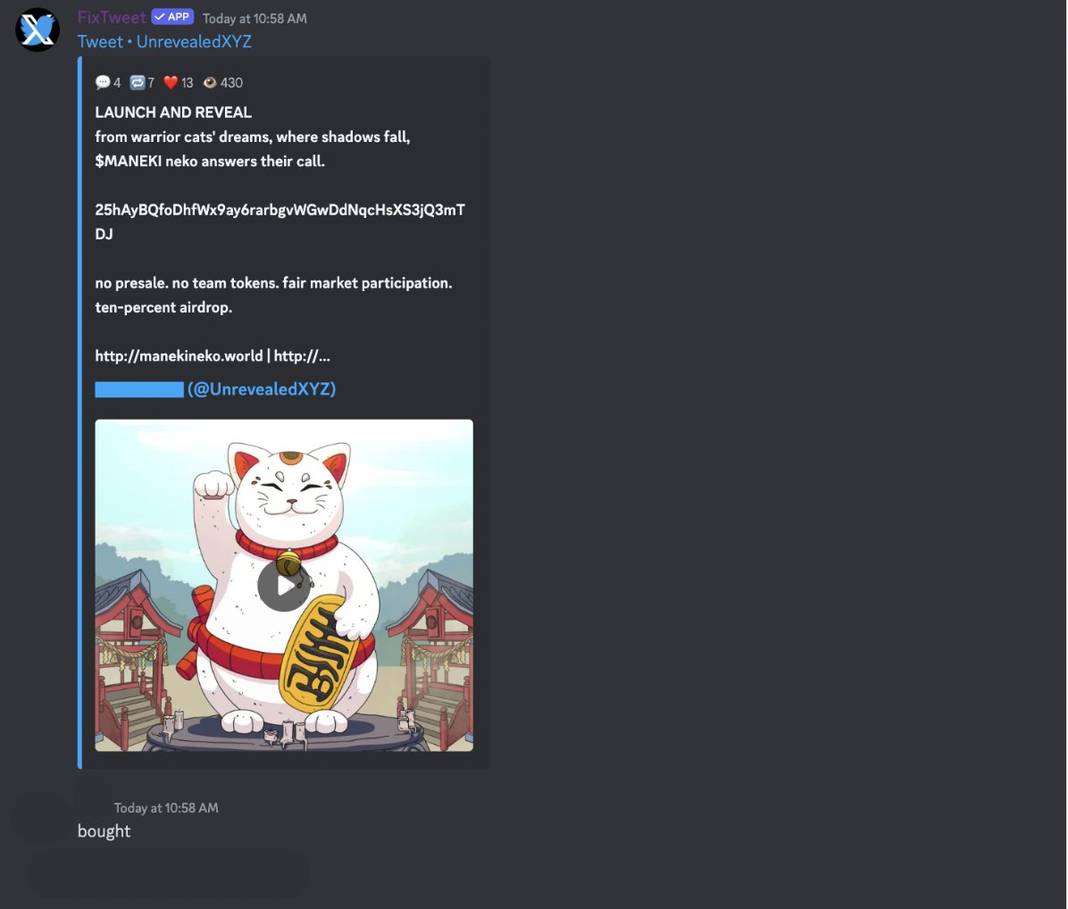 Did your group catch $MANEKI on launch? DM a recent shitcoin W as we are recruiting for SOL coins again