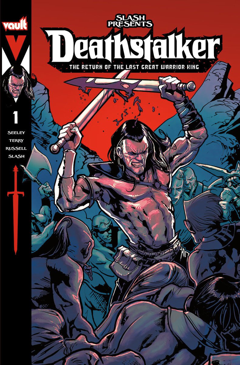 Out this week from @thevaultcomics Deathstalker #1 The cult-classic warrior-hero Deathstalker bursts into the comics scene from an all-star lineup of creators including Slash (Guns N' Roses) and writer-director-creature-FX-wizard Steven Kostanski (Psycho Goreman, The Void)!