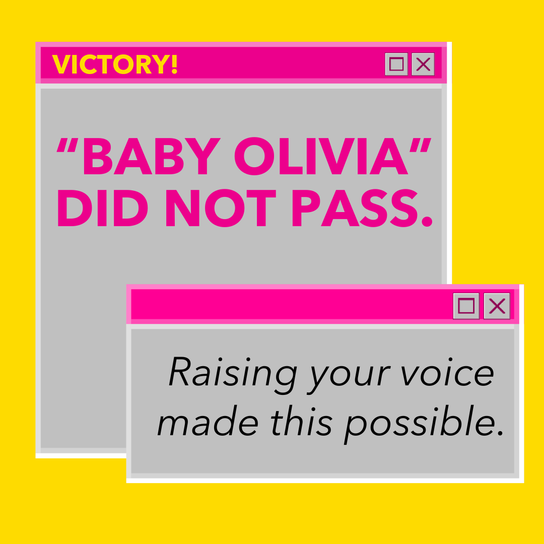 Advocates submitted over 800 messages urging legislators to reject the 'Baby Olivia' bill, and it failed to advance before sine die. Throughout session, you showed Iowans are fed up and ready to fight. We can celebrate this victory because you did not relent in your advocacy 💪