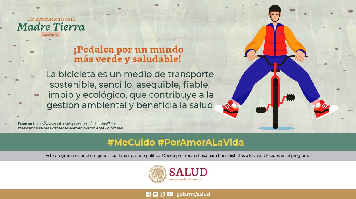 22 de abril I Día Internacional de la #MadreTierra  🌎

¿Sabías que usar la bicicleta es una de las mejores maneras de cuidar el medio ambiente? 🚴🏼🚴🏼‍♀️

Muévete sin contaminar ¡Usa bici! 🚲

#PorAmorALaVida