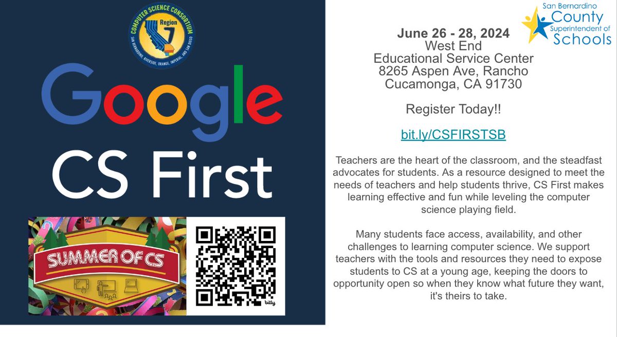 Hey IE Educators! Did you know the Summer of CS is right around the corner? Join us June 26 - 28th at the West End Educational Service Center to explore Google CS First and learn strategies to bring #ComputerScience into your classroom! Register today at: bit.ly/CSFIRSTSB