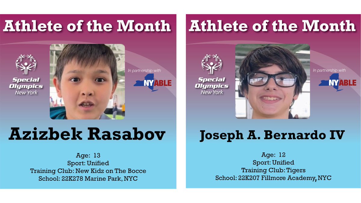 This month, we have TWO Athletes of the Month: Azizbek Rasabov and Joseph A. Bernardo IV, a Unified pair from the New York City Region! @‌NYSComptroller and NY ABLE help people with disabilities save for disability related expenses. More info here: bit.ly/AOMNYAble.