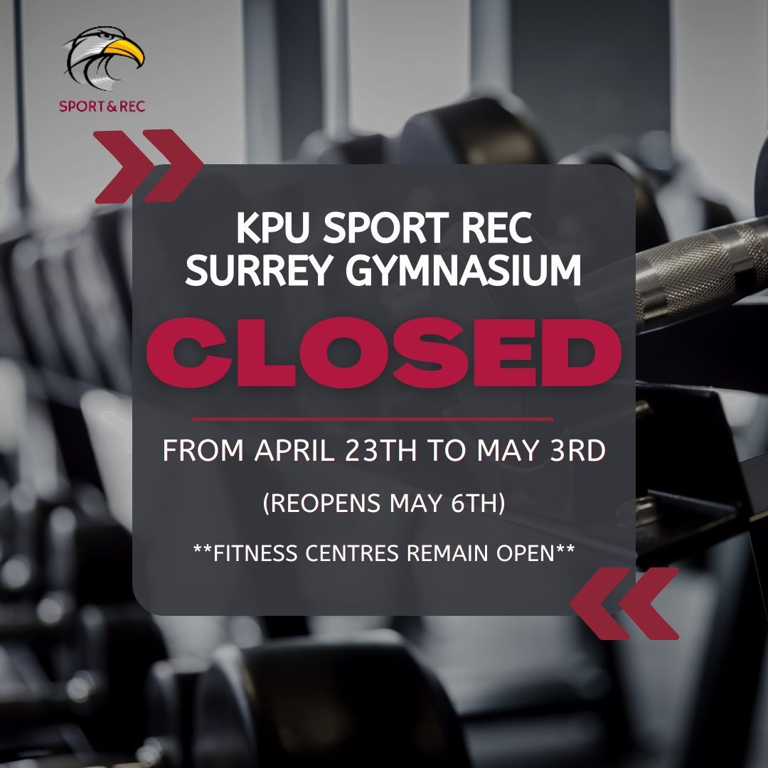 🚨 Attention Surrey Gymnasium Members 🚨

Just a quick heads up! Surrey Gymnasium will be temporarily closed from Tuesday, April 23 to Friday, May 3. Don't worry though, our Fitness Centers will remain open during this time for your workouts 💪