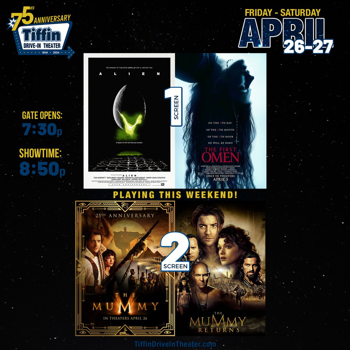Playing April 26-27:

<a href="/AlienAnthology/">Alien: Romulus</a> w/ #TheFirstOmen on screen 1;
#TheMummy w/ #TheMummyReturns on screen 2.

Purchase tickets online: TiffinDrive-InTheater.SimpleTix.com

#TiffinDriveIn #TDiT75 #2024Season #Alien #AlienDay #FirstOmen #TheMummy1999 #MummyReturns