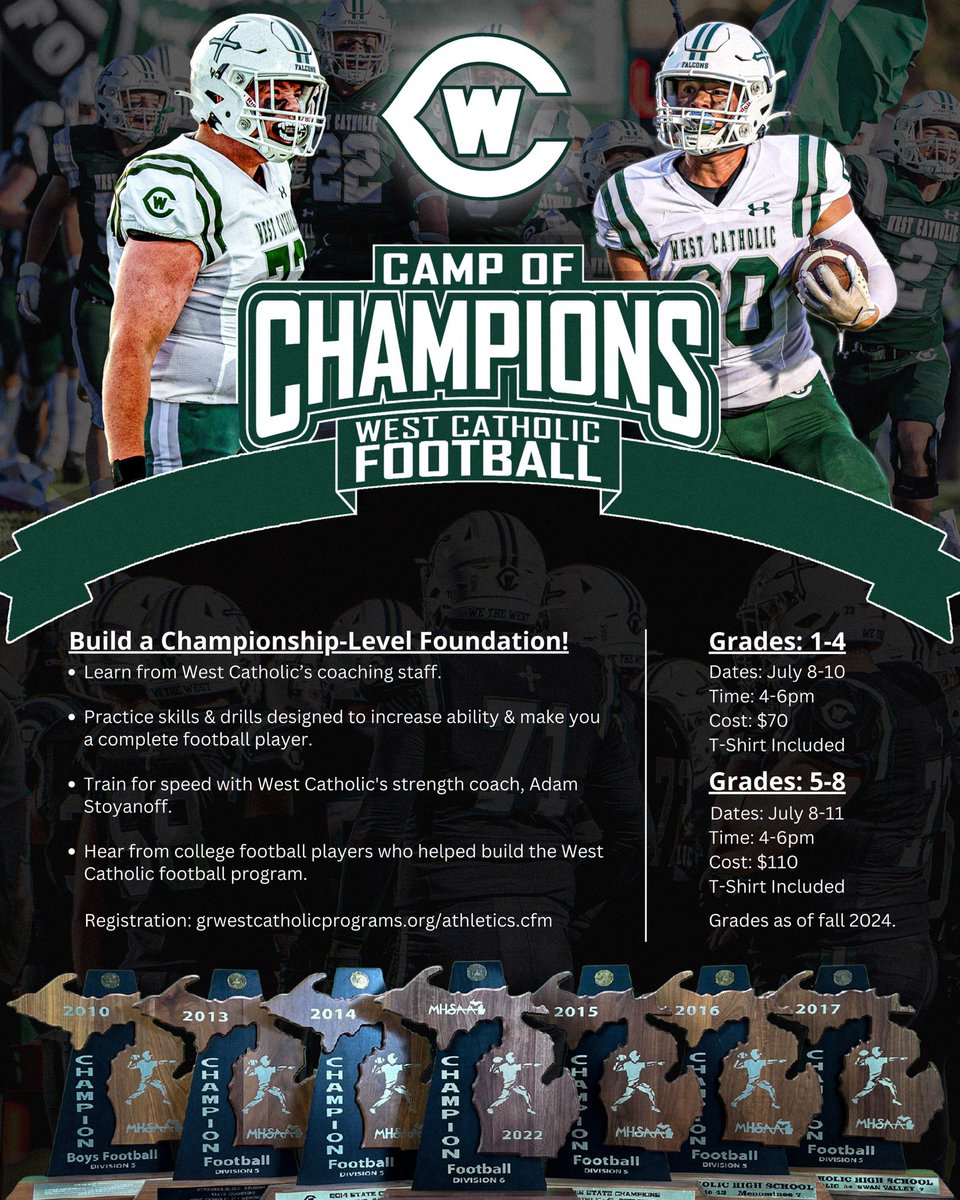 Registration for our West Catholic Football 2024 Camp of Champions for all 1st-8th graders is open! Come learn from our staff & players while having a ton of fun plus improving your game. See you there! Registration: grwestcatholicprograms.org #WeTheWest | #GRWCFootball