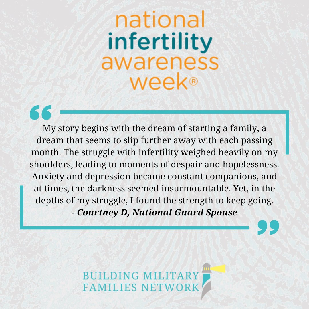 We are sharing your #ReMARKableStories to let others know they are not alone. Courtney, a National Guard Spouse shares her story of infertility. Follow along today as we share stories from our community. #NIAW2024 #LeaveYourMARK2024 #BuildingMilitaryFamilies #MilitaryInfertility