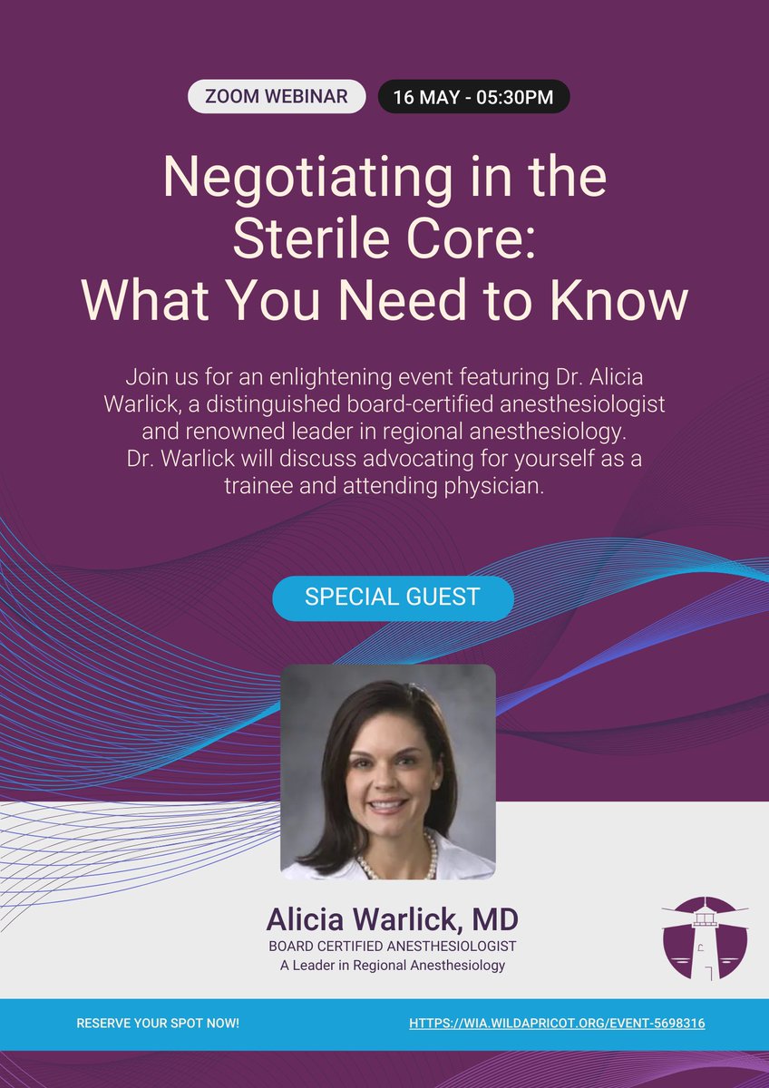 Join WIA-MSC's webinar with regionalist Dr. Alicia Warlick @alifitmd. In addition to being a nerve block 👑, Dr. Warlick is well-versed in negotiation and contract appraisal. She's also a fitness beast, so come with questions on lifting and HIIT😉! wia.wildapricot.org/event-5698316