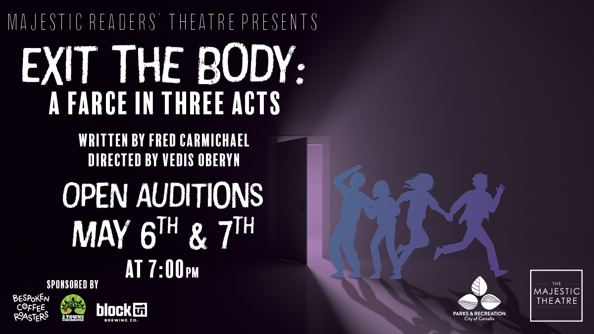 We're excited to announce open auditions for Exit the Body on May 6 and 7! View the full audition announcement here: i.mtr.cool/oumjbbeing
#majesticcorvallis #majesticreaderstheatre #exitthebody #openauditions