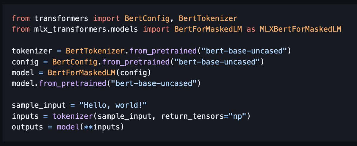 awnihannun's tweet image. Awesome new project: MLX Transformers from @j___y_t

Runs a subset of 🤗 Transformers in MLX. No conversions needed, downloads directly from the hub.

Code: github.com/ToluClassics/m…
Install: pip install mlx-transformers
Example: