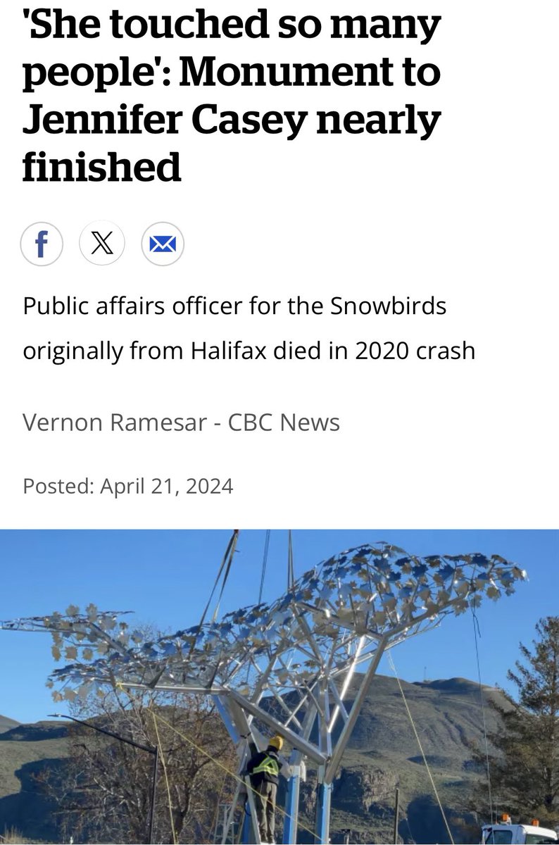 Great to see this monument for Capt. Jenn Casey. She was a a very good representative for both the RCAF with both the @CF18Demo team and @CFSnowbirds I was worked with her on a couple of events, her passion and professionalism was visible to all. cbc.ca/amp/1.7178932