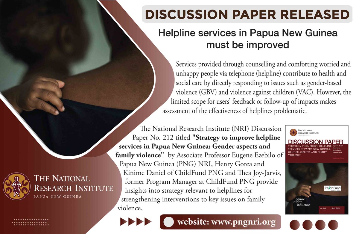 DISCUSSION PAPER RELEASED: 'Strategy to improve helpline services in Papua New Guinea: Gender aspects and family violence'. Publication: lnkd.in/gBDPxd3W Media Release: lnkd.in/gWSTsjPZ