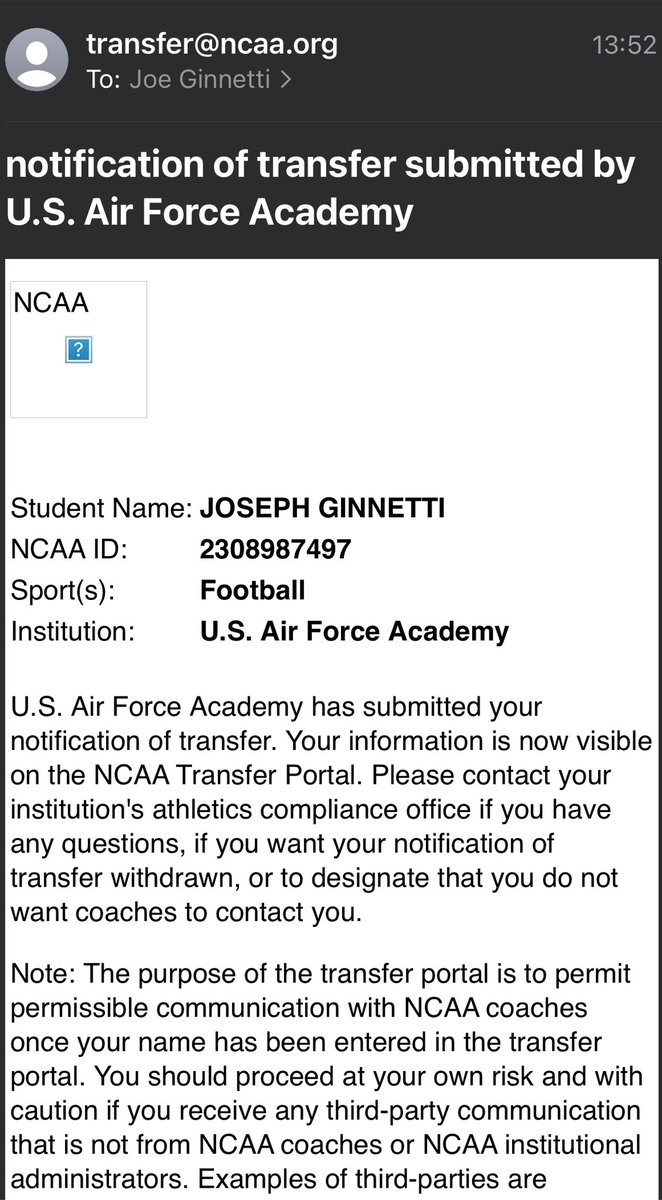 I have officially entered the transfer portal with 4 years of eligibility remaining. I’m extremely thankful for my time at the United States Air Force Academy and the relationships I have built with all of the Coaches, support staff, and teammates.