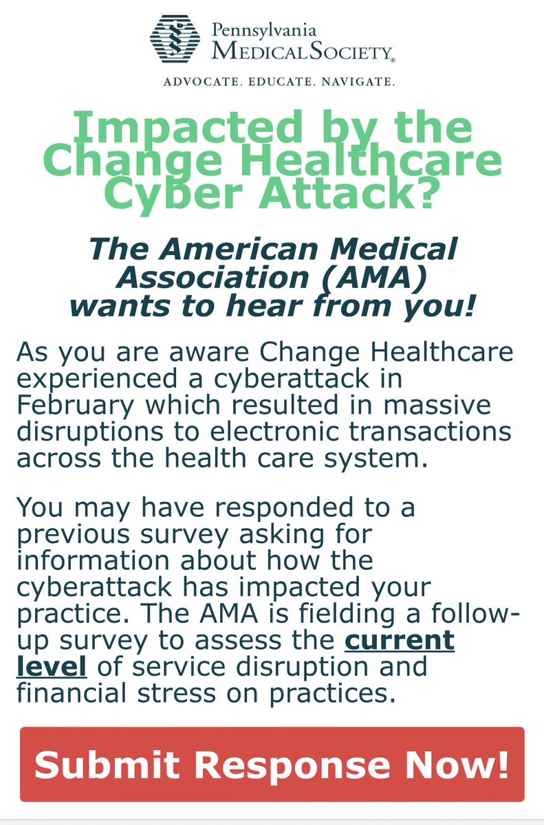 ⏰Deadline 4/24: New survey Have you been impacted by Change Healthcare’s #cyberattack? Respond now to current survey of ongoing service disruption & financial stress on practices. Your input will inform AMA comments to Senate Finance Committee. 👉 tinyurl.com/363xarsm