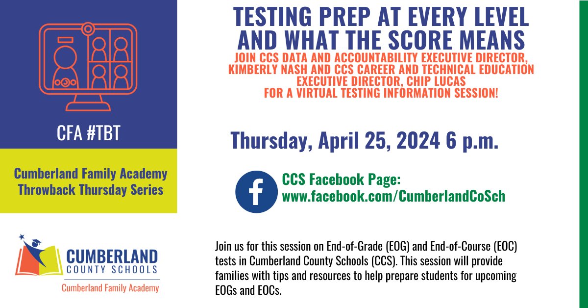 Gear up for our Throwback Thursday CFA session: 'Testing Prep at Every Level and What the Score Means.' Join us for an insightful evening filled with tips and resources to navigate the EOG and EOC tests. 📅 When? April 25, at 6 p.m. 📍 Where? facebook.com/CumberlandCoSch