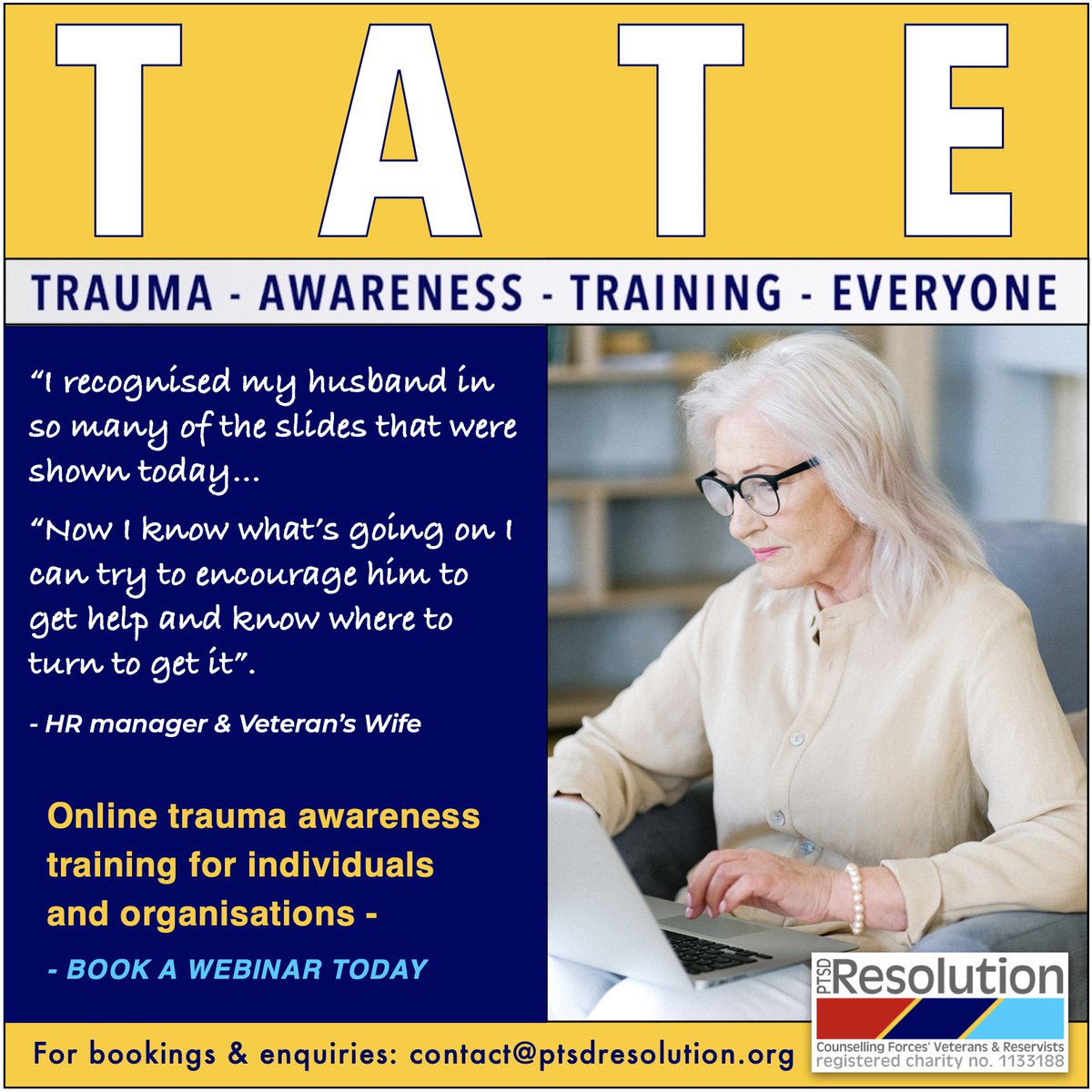 Why not book a TATE webinar for you &/or your employees? ➡️ Recognise signs & symptoms of PTSD ➡️ Understand how trauma ‘works’ ➡️ Develop coping & self-help strategies ➡️ Identify how to build resilience & thrive ptsdresolution.org/trauma-awarene… #TraumaTraining #PTSD #PTSDResolution