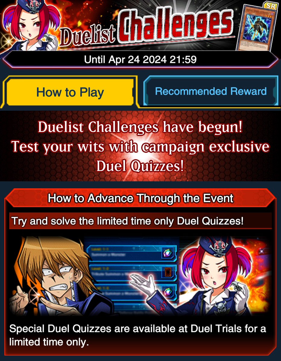 YGO_DL_Official's tweet photo. Don't forget that special Duel Quizzes are available at Duel Trials for a limited time only. Complete the Duel Quizzes now to obtain Rewards! 

Check in-game now for more information. #YuGiOhDUELLINKS https://t.co/HliCB0Nxjv
