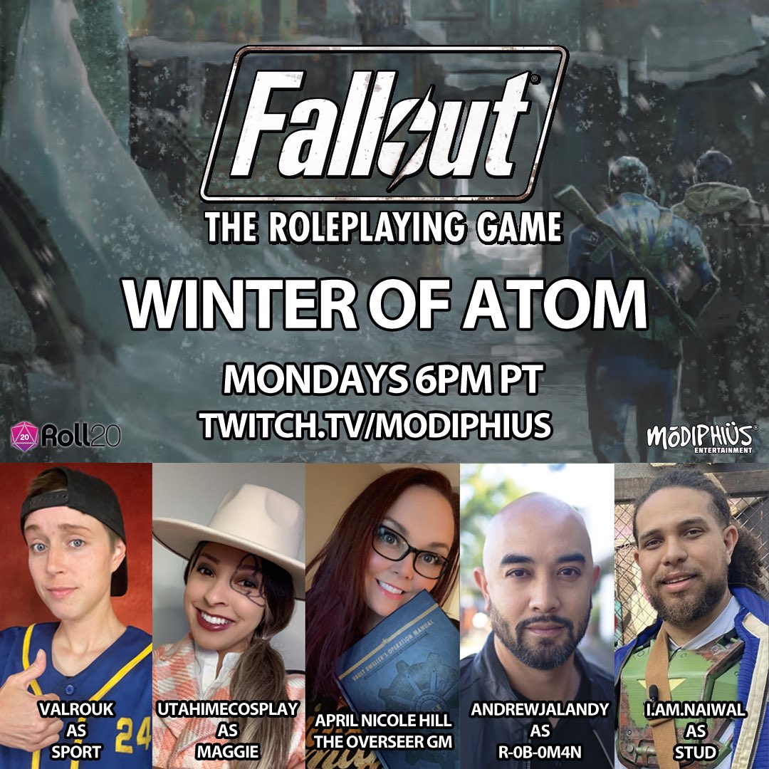It is beoming more and more evident that no one in this #Fallout group is who they seem, but the Mayor of Diamond City has requested their help and many lives are at stake! 😉👍 Watch LIVE at 6pm PT on twitch.tv/modiphius #ttrpg