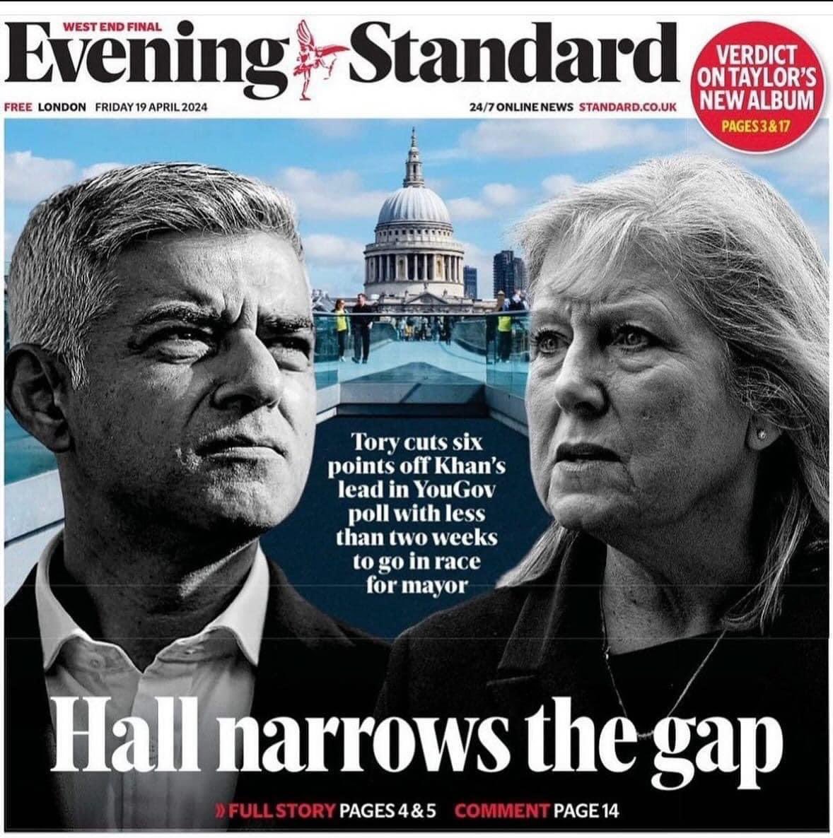 GOOD NEW FOR LONDON The gap is narrowing. Khan's bombardment of lies social media, hasn't worked! Only a vote for Susan Hall for Mayor of London can get Khan out, get rid of ULEZ expansion and stop pay-per-mile.