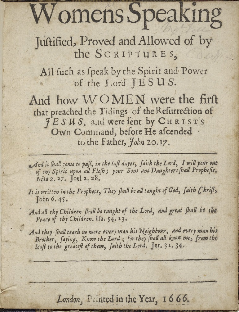 Margaret Fell, a founder of the Religious Society of Friends, died on 23 April, 1702. 'Womens Speaking...' title page: @FolgerLibrary