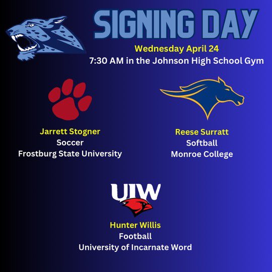 We can’t wait to watch these Jags sign on Wednesday!💙🐆🩵 we are so proud of you! April 24th @ 7:30am cst Johnson HS Gym or here on FB Live