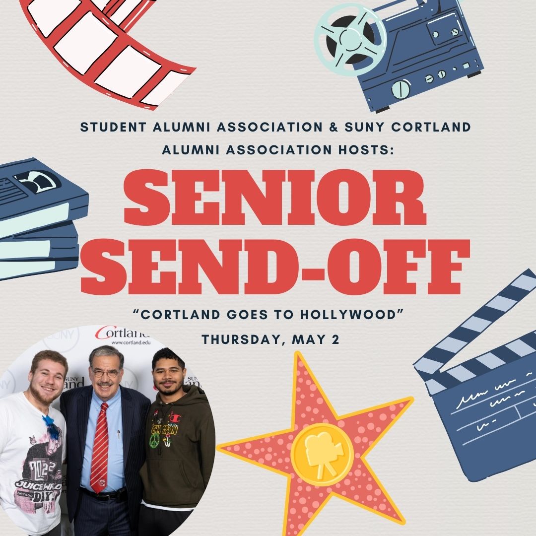 CortlandSAA's tweet photo. Class of 2024, Senior Send-Off "Cortland goes to Hollywood" will be held on Thursday, May 2 at the Lynne Parks '68 SUNY Cortland Alumni House. FREE food, games, a photo booth, DJ, lawn games, raffle prizes, and much more! Register now at https://t.co/IPwWpA9b7H 🎬🍿 https://t.co/28A1GLkBzY