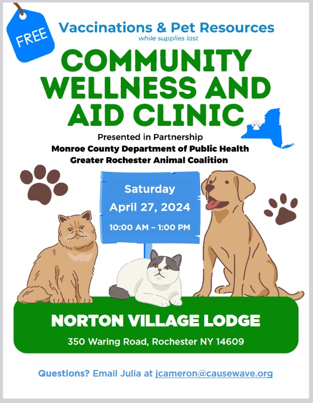 🐾 Rochester pet owners! 📢 Get your furry friends’ vaccinations & more for FREE! 🗓️ Sat, April 27 ⏰ 10 AM - 1 PM 📍 Norton Village Lodge First-come, first-served! 🐕🐈 Questions? 💌 jrochester@causenow.org #RochesterNY #FreePetClinic #PetHealth #CommunityLove