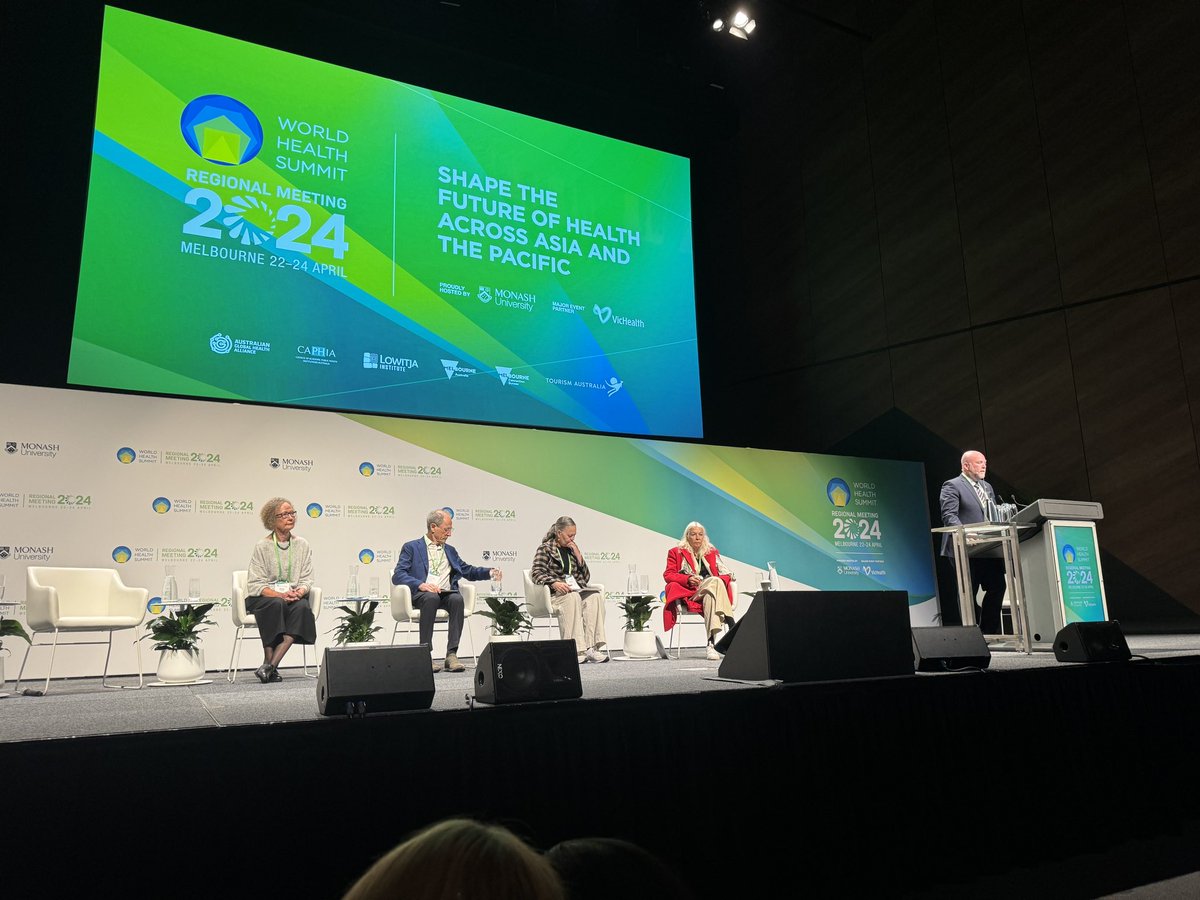 And we’re off! Health and Thriving Communities plenary session featuring, @TrisJKennedy Prof Marcia Langton AO Prof Helen Evans Riana Manuel and @MichaelMarmot @WorldHealthSmt